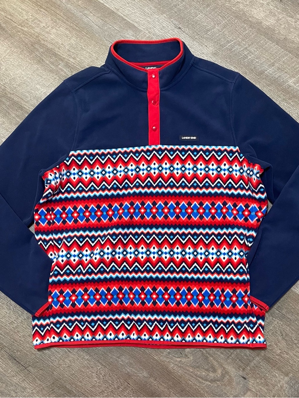 Lands End Heritage Fleece Snap Neck Pullover XL Festive Aztec Chevron Fair Isle